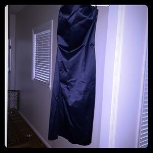 Navy blue strapless satin dress